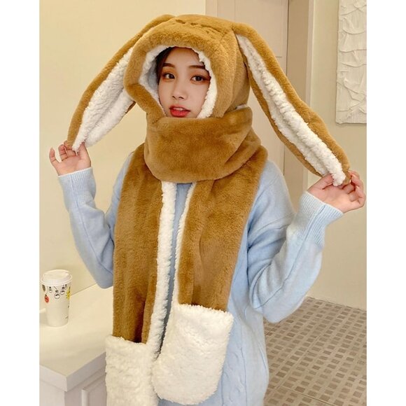 Cute Rabbit Ear Plush Beanie Hat Scarf Set Women Camel Fluffy Fleece Animal Hood - Picture 2 of 2